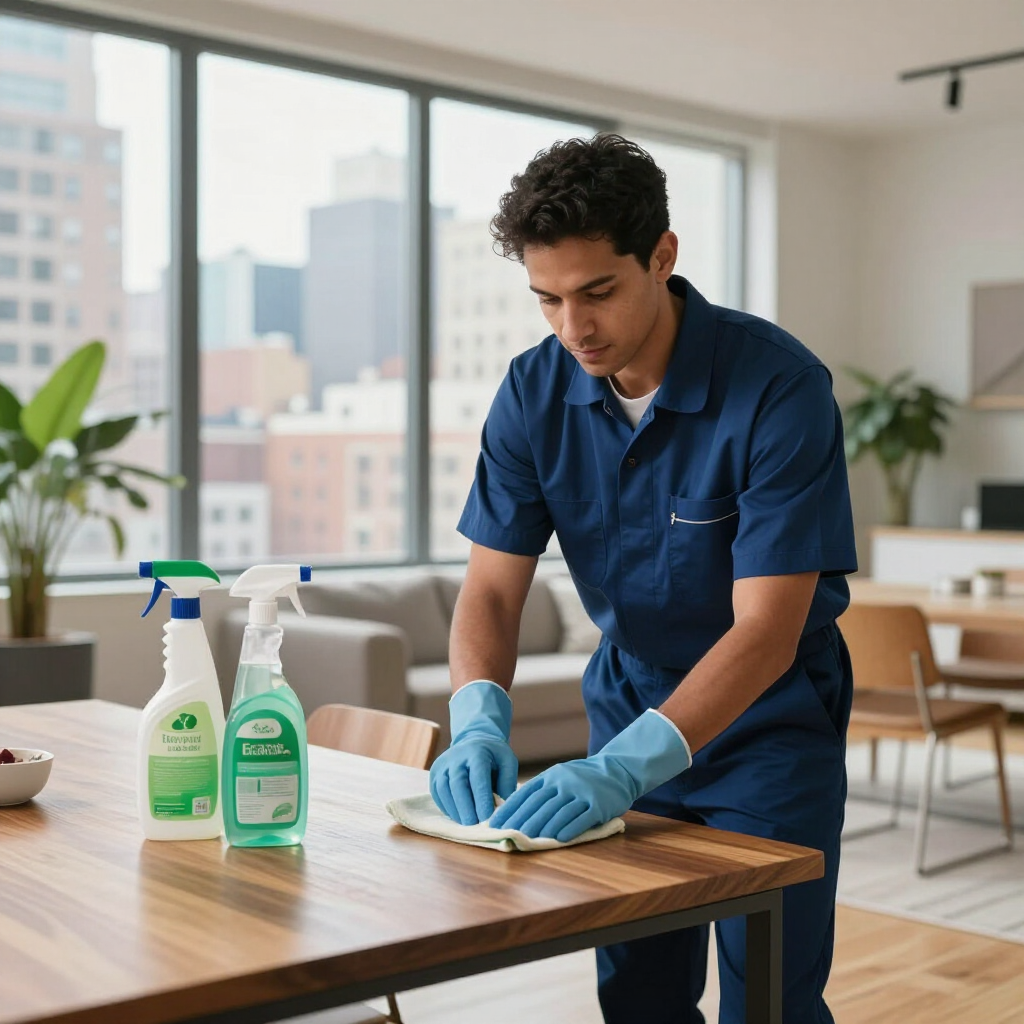 Cleaner in blue uniform wipes a wooden table with spray bottles nearby in a bright office break room