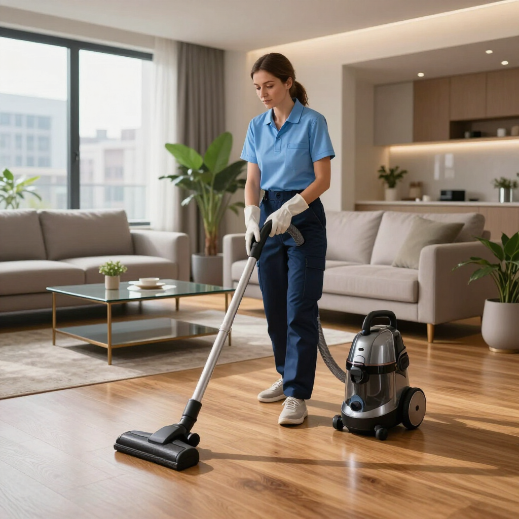 Woman vacuuming a modern living room beside a canister vacuum cleaner