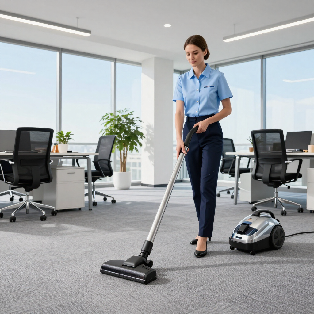 Office cleaner vacuuming a bright open-plan workspace while a robot vacuum sits nearby