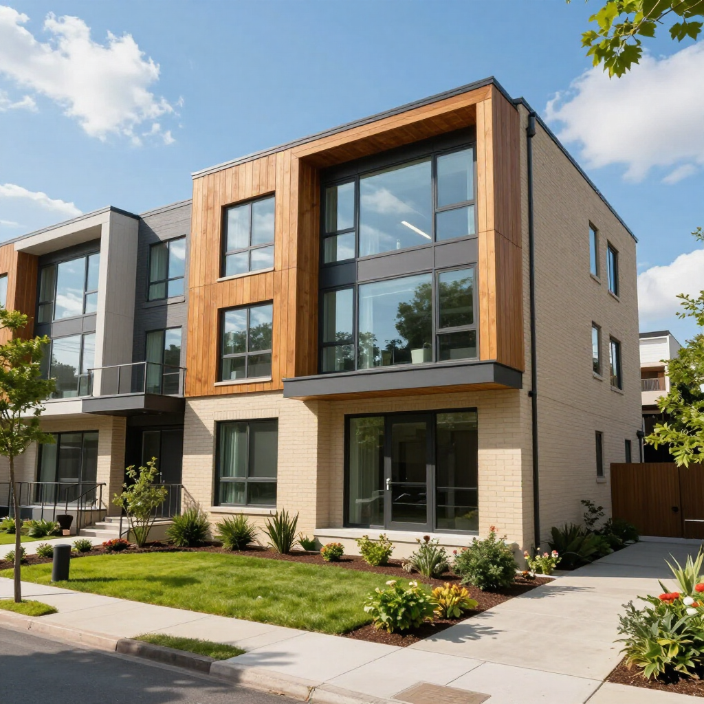 Modern three-story townhouse with large windows, wood accents, and a landscaped front yard on a sunny street
