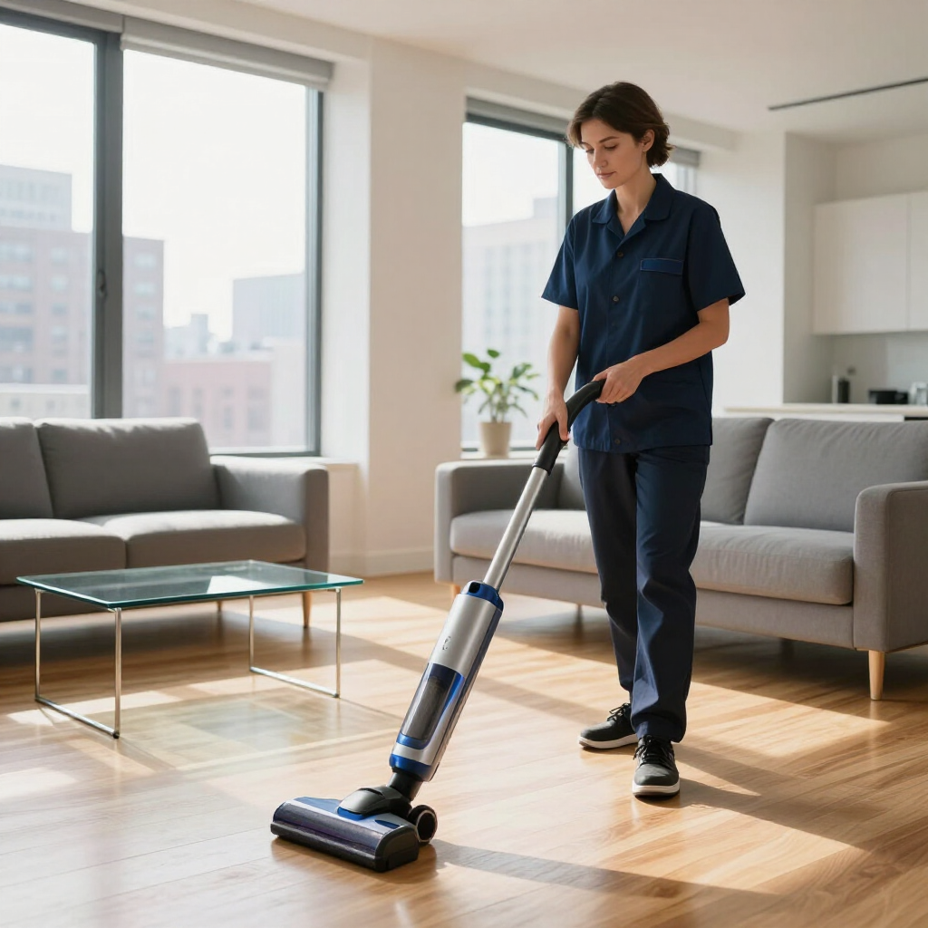 Person vacuuming a bright living room with large windows and gray sofas