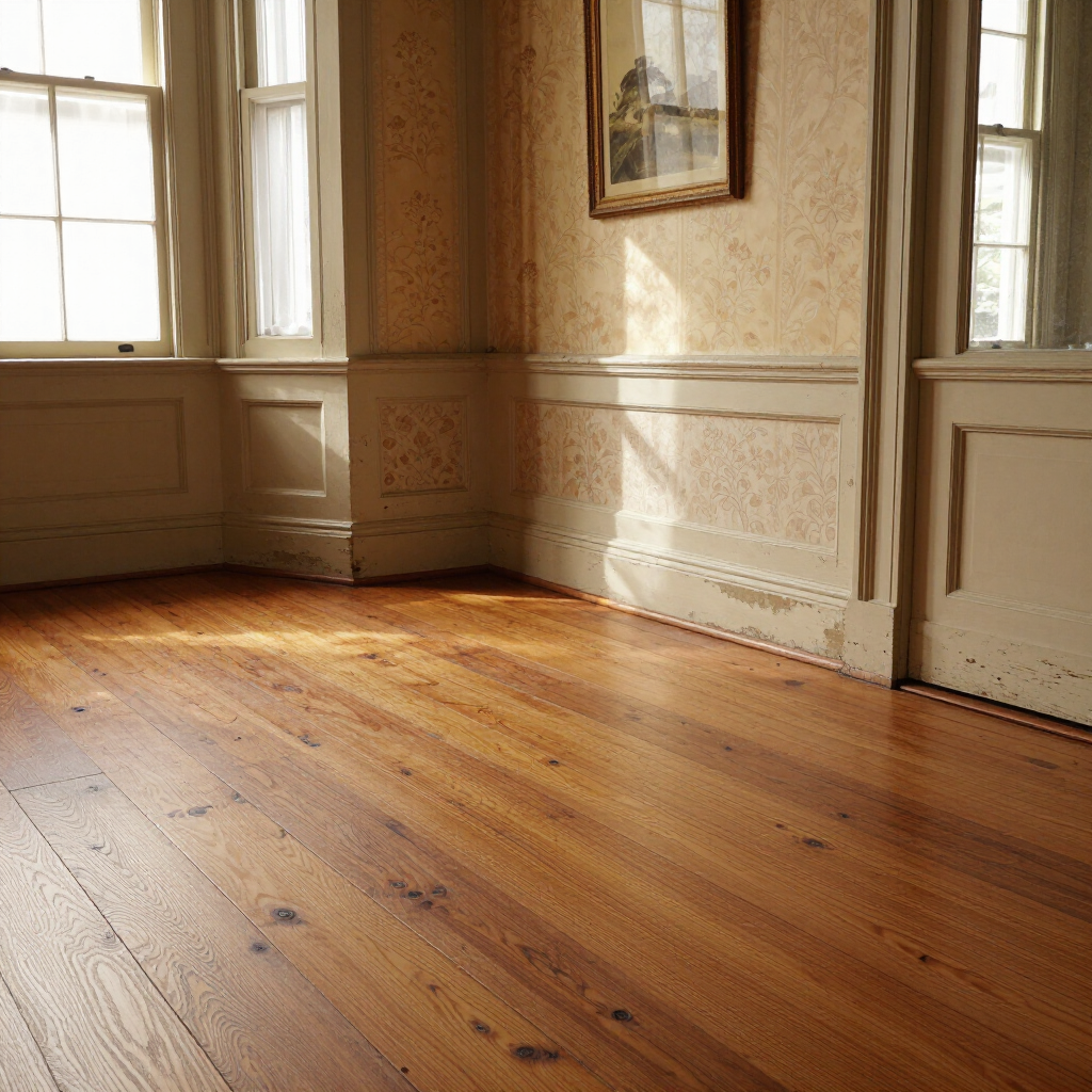 Sunlit empty room with wooden floor, tall windows, and cream-colored walls.