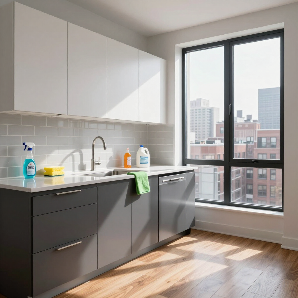 Modern kitchen with gray cabinets, white counters, and large window overlooking city buildings