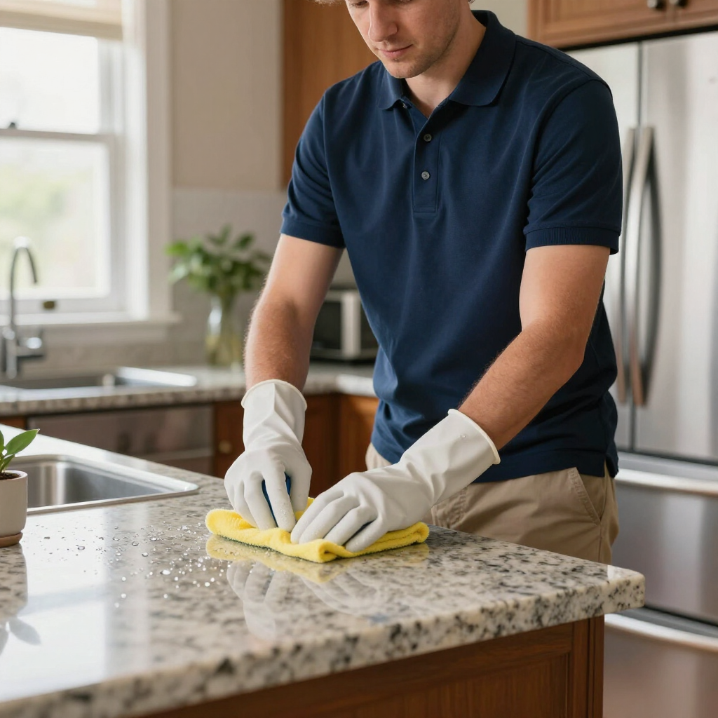 Person cleaning a granite kitchen counter with a yellow cloth and white gloves