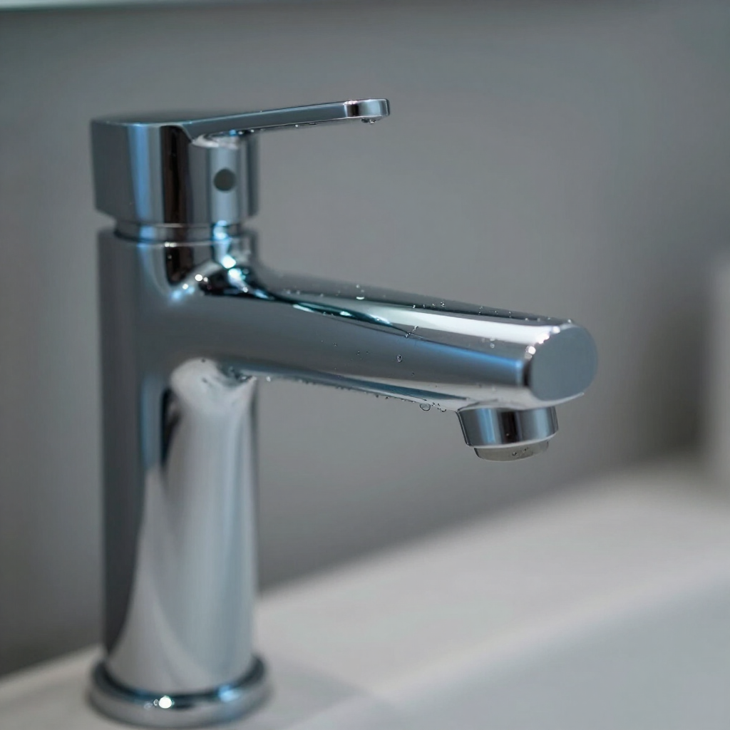 Chrome bathroom faucet on a sink with a gray background