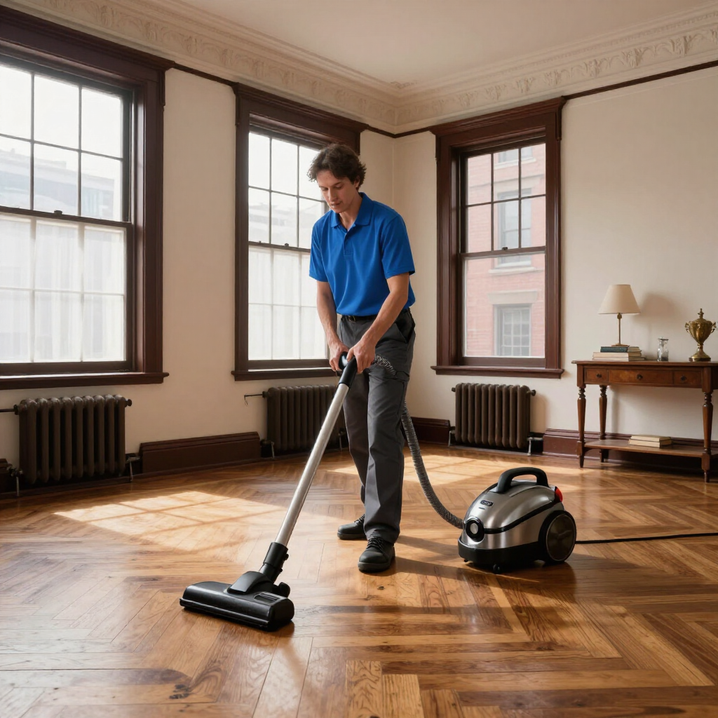 Person vacuuming a hardwood floor in a bright, empty room