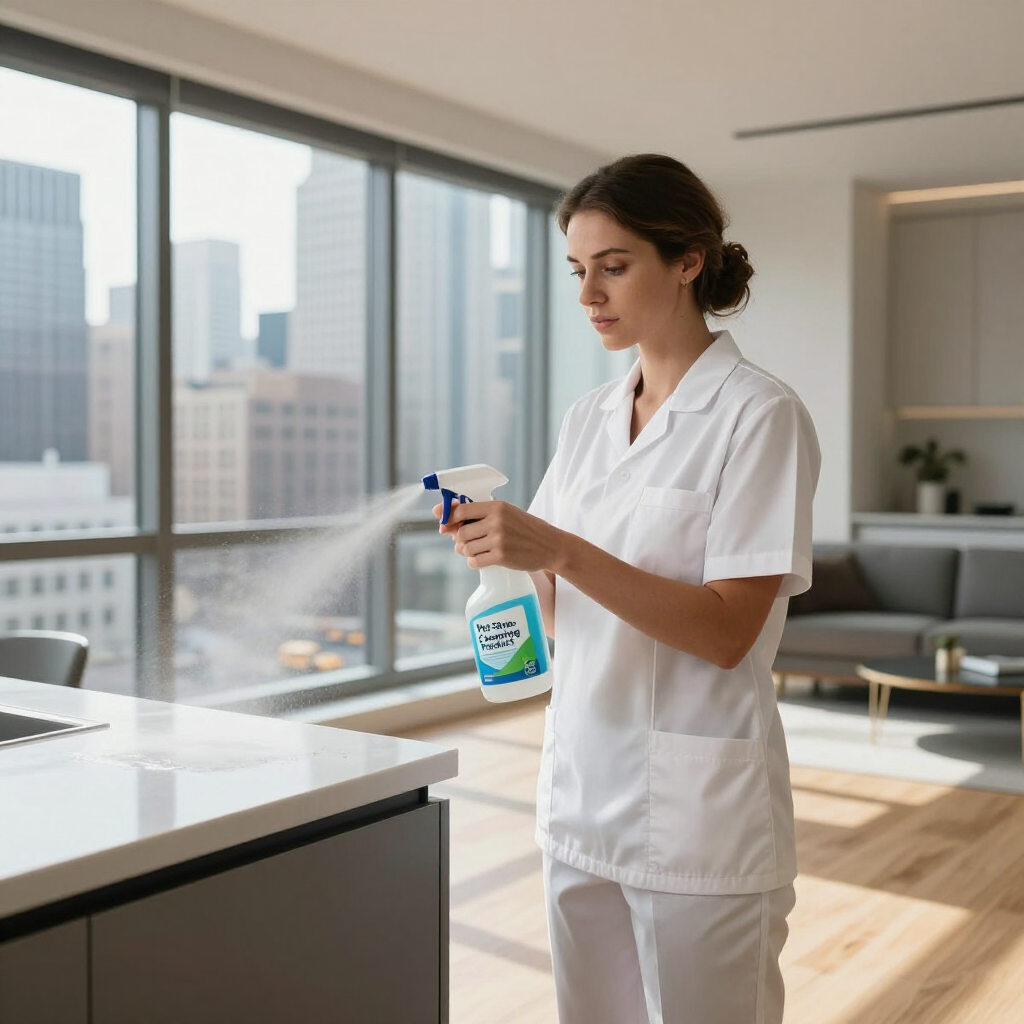Person in white uniform spraying cleaner on a kitchen counter in a bright modern apartment