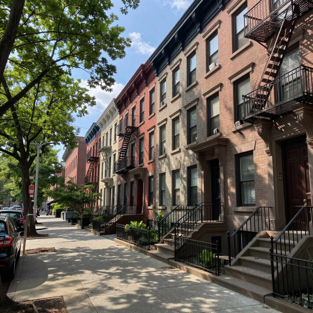 Tree-lined Brooklyn street with brownstone row houses and parked cars on a sunny day