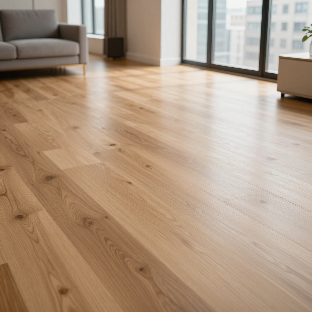 Bright sunlit living room with light wood floors, a sofa, and large windows