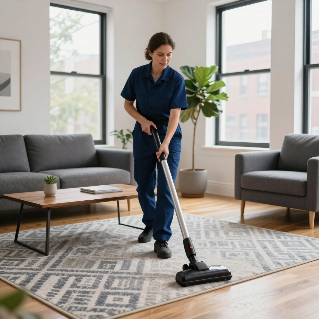 Person vacuuming a living room with gray sofas, a patterned rug, and large windows