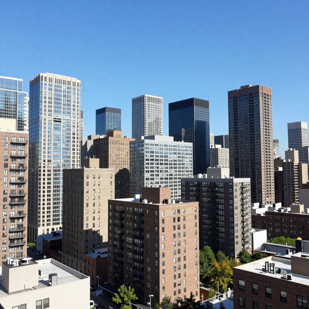 Downtown skyline with tall apartment and office buildings under a clear blue sky