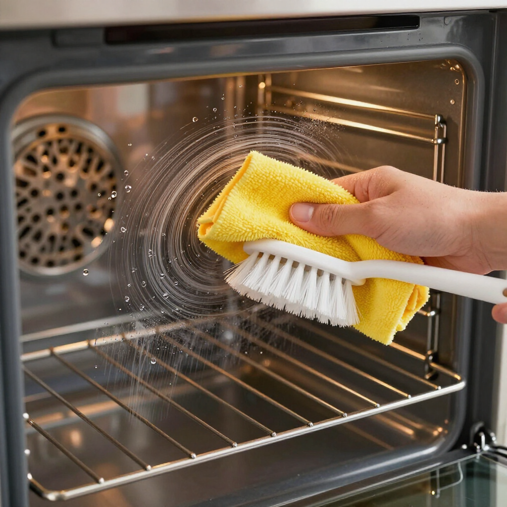 Hand cleaning an oven interior with a yellow cloth and white brush