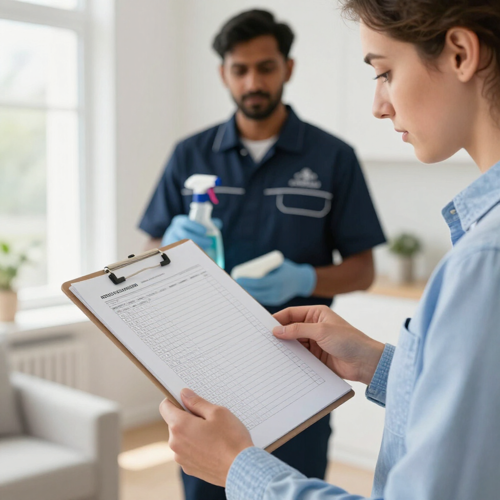 Cleaner checking a clipboard while a coworker holds a spray bottle in a bright office room
