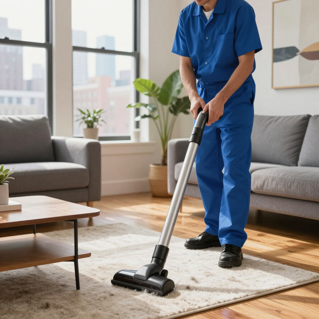 Person vacuuming a beige rug in a bright living room with blue floors and gray sofas