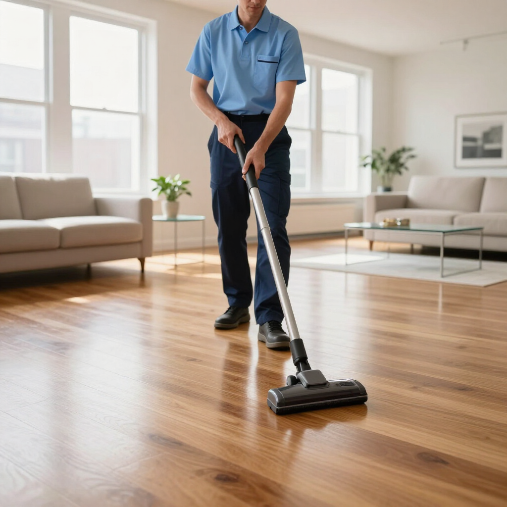 Person mopping a hardwood floor in a bright living room with sofas and large windows