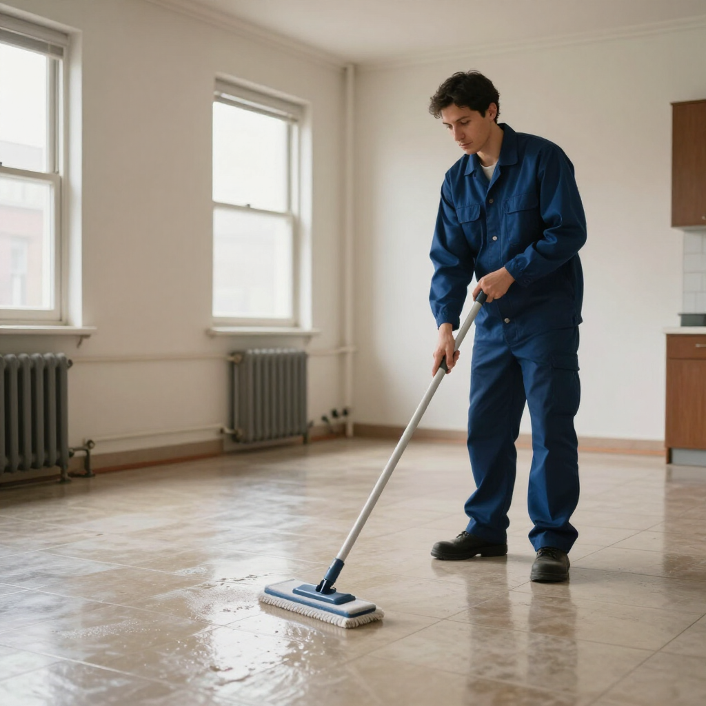 Person in blue workwear mopping a bare room with large windows and wooden floors.