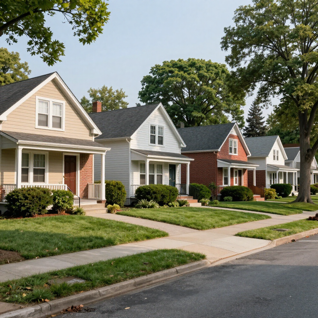 Row of suburban houses with brick facades, green lawns, sidewalks, and trees on a sunny day
