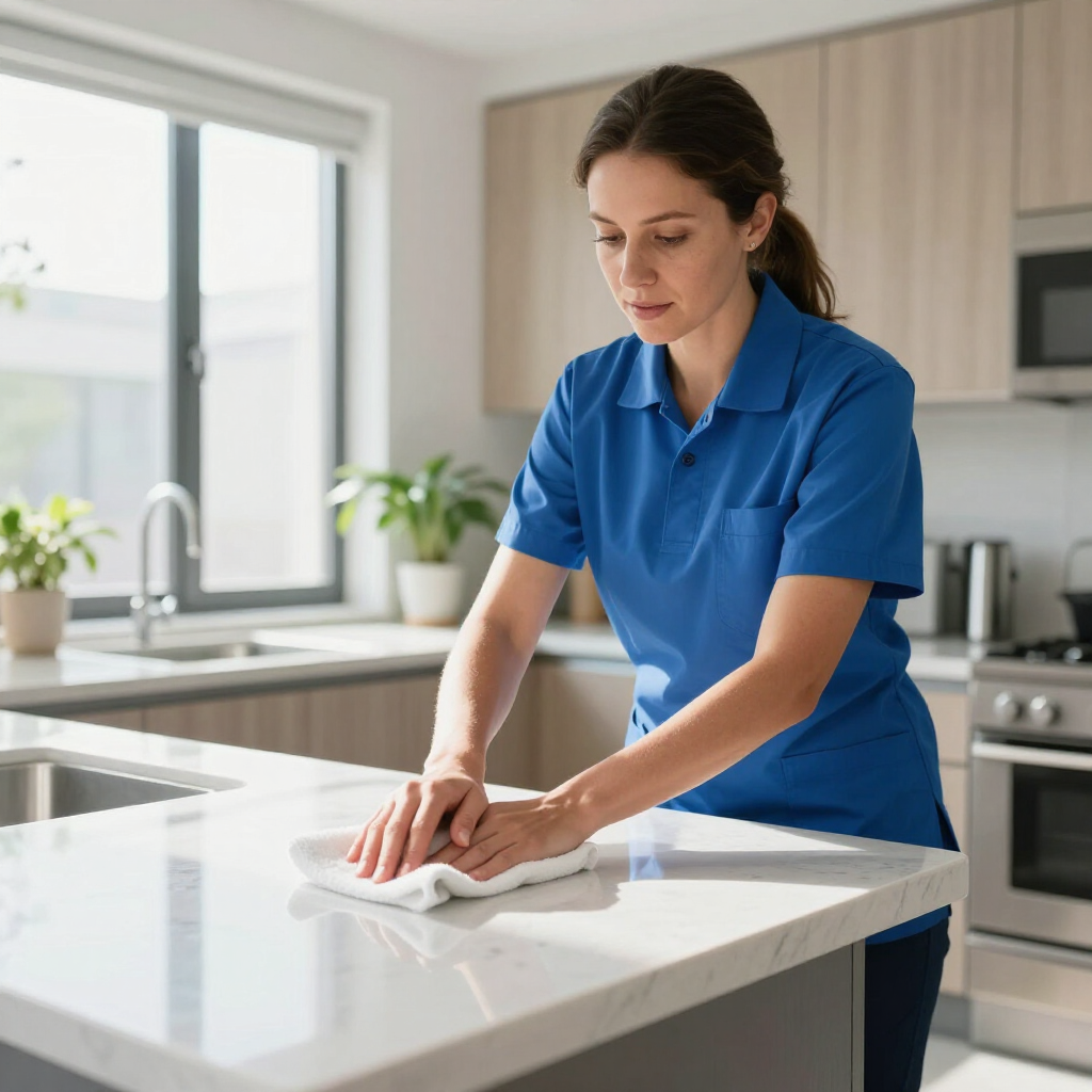 Woman in blue shirt cleaning a white kitchen countertop with a cloth