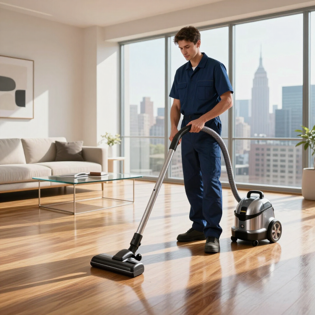 Person vacuuming a sunlit living room with city skyline view and a canister vacuum nearby