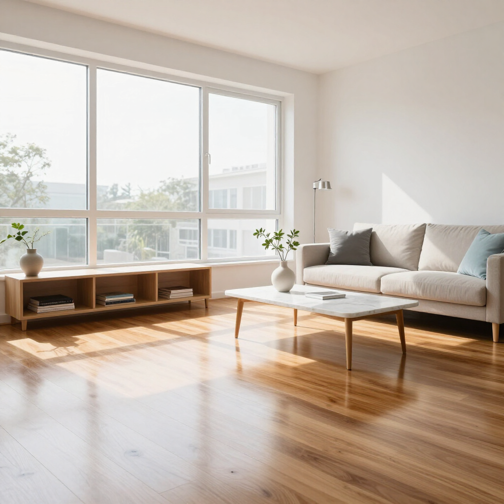 Bright, sunlit living room with a beige sofa, wooden coffee table, and large windows over polished floors