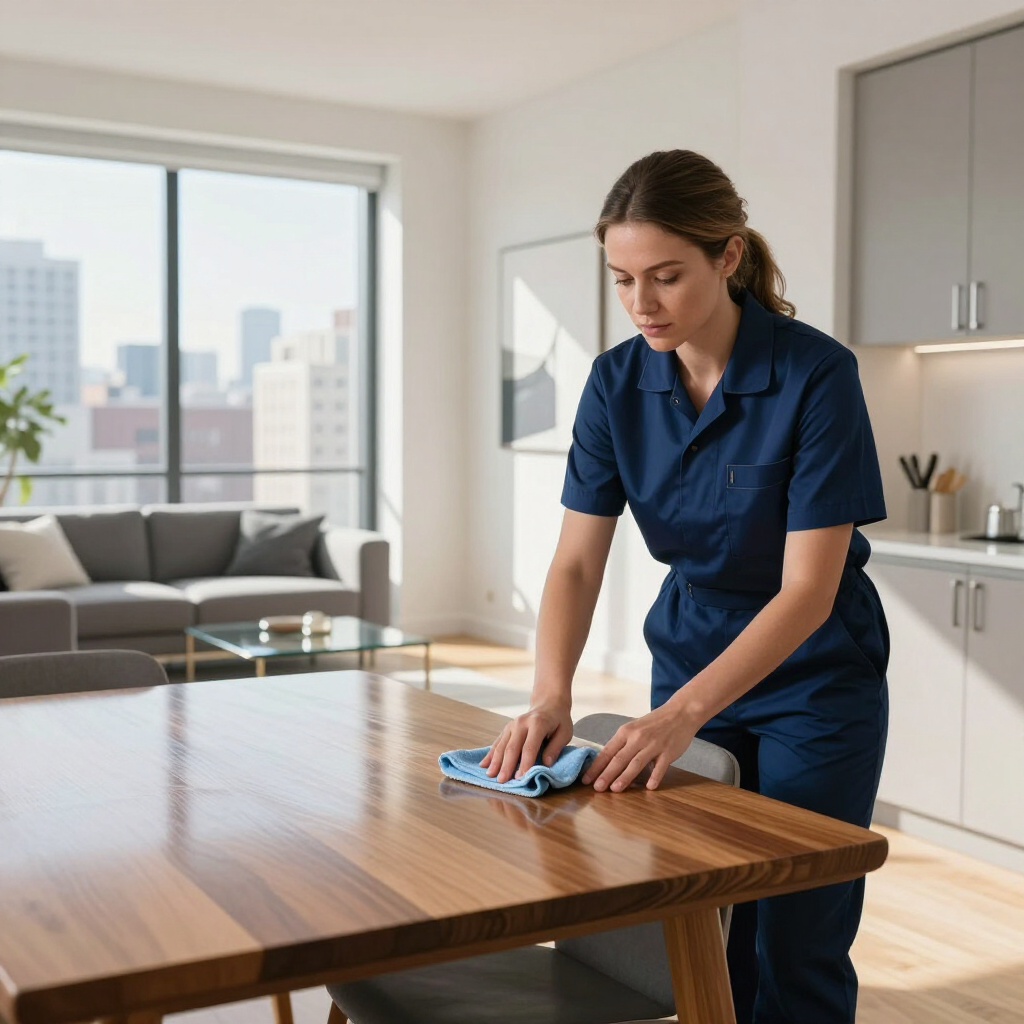 Woman wiping a wooden table in a bright modern kitchen and living room.