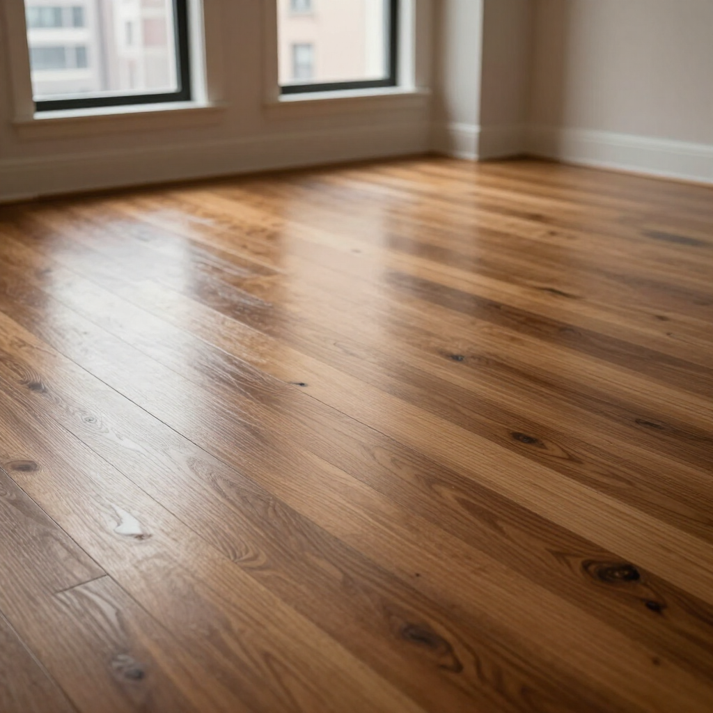 Empty sunlit hardwood floor near windows in a bright room