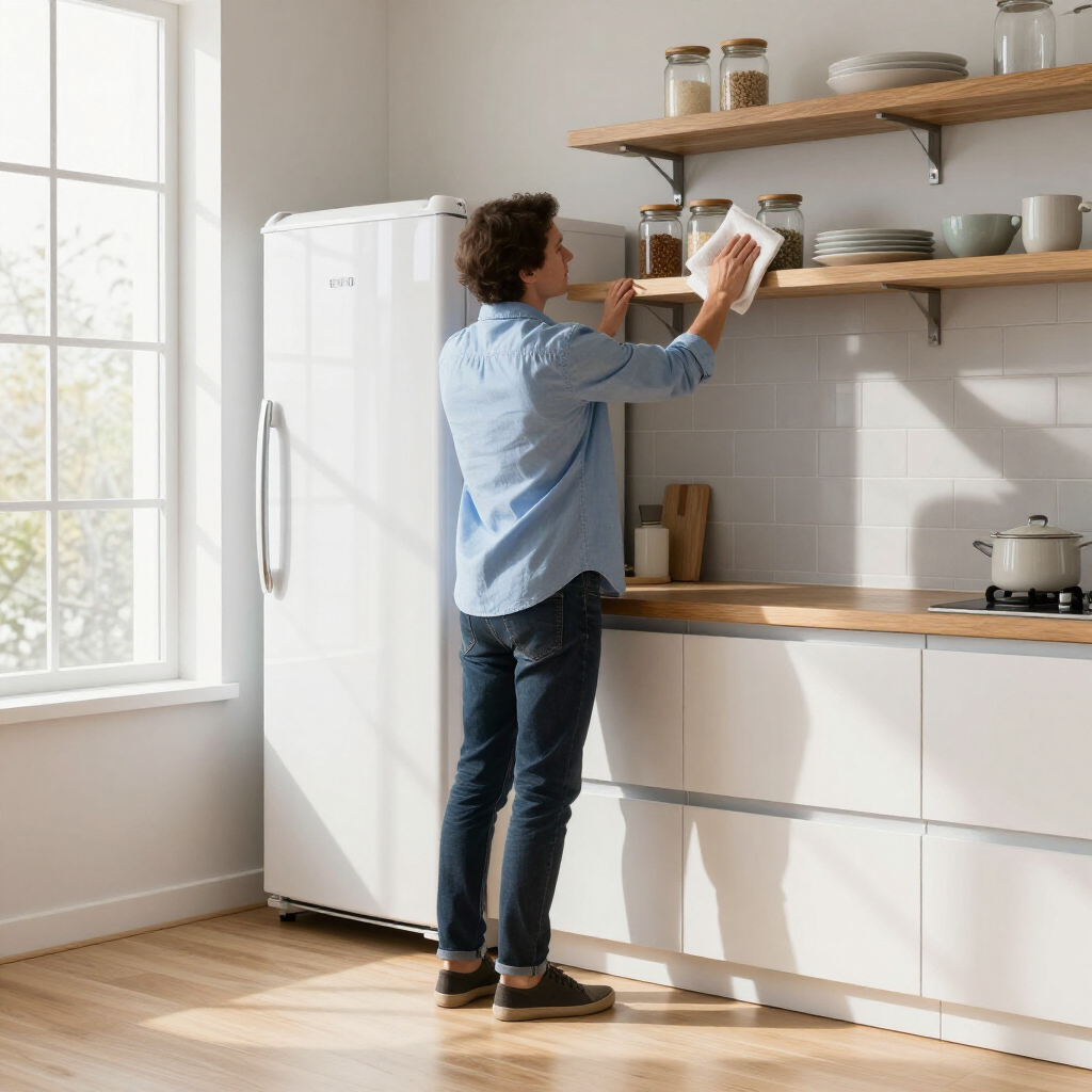 Person on a kitchen stool reaching for a book on open shelves in a bright kitchen.