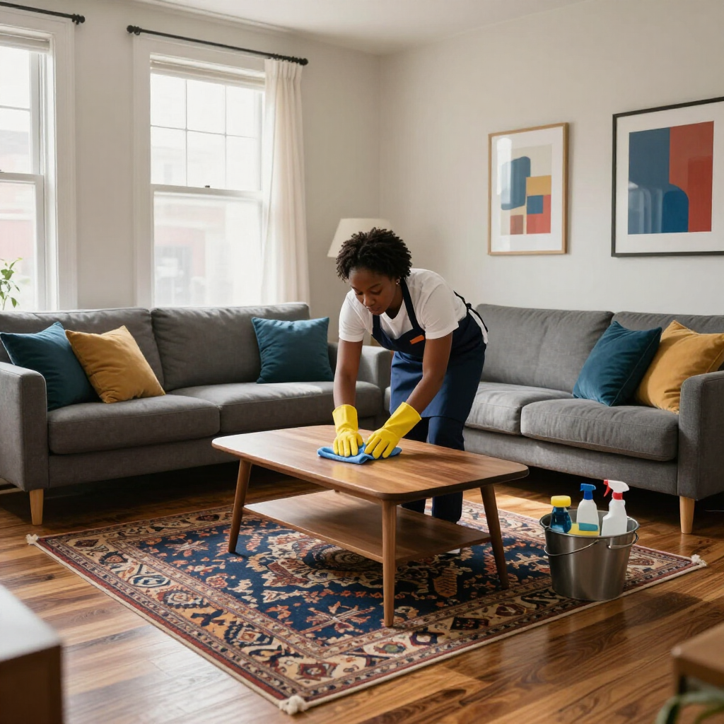 Person cleaning a living room coffee table with yellow gloves, gray sectional sofa and patterned rug nearby