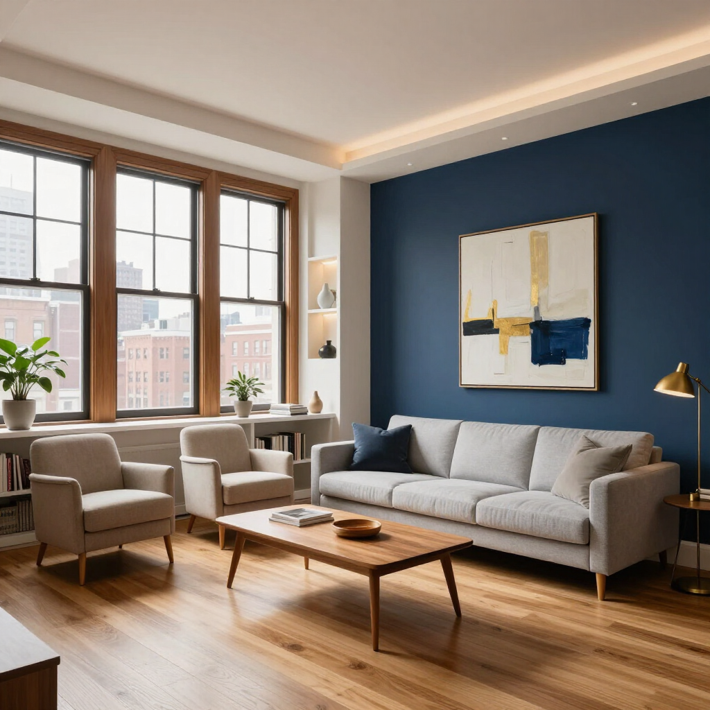 Modern living room with blue accent wall, gray sofa, tan chairs, wood coffee table, and city views through large windows