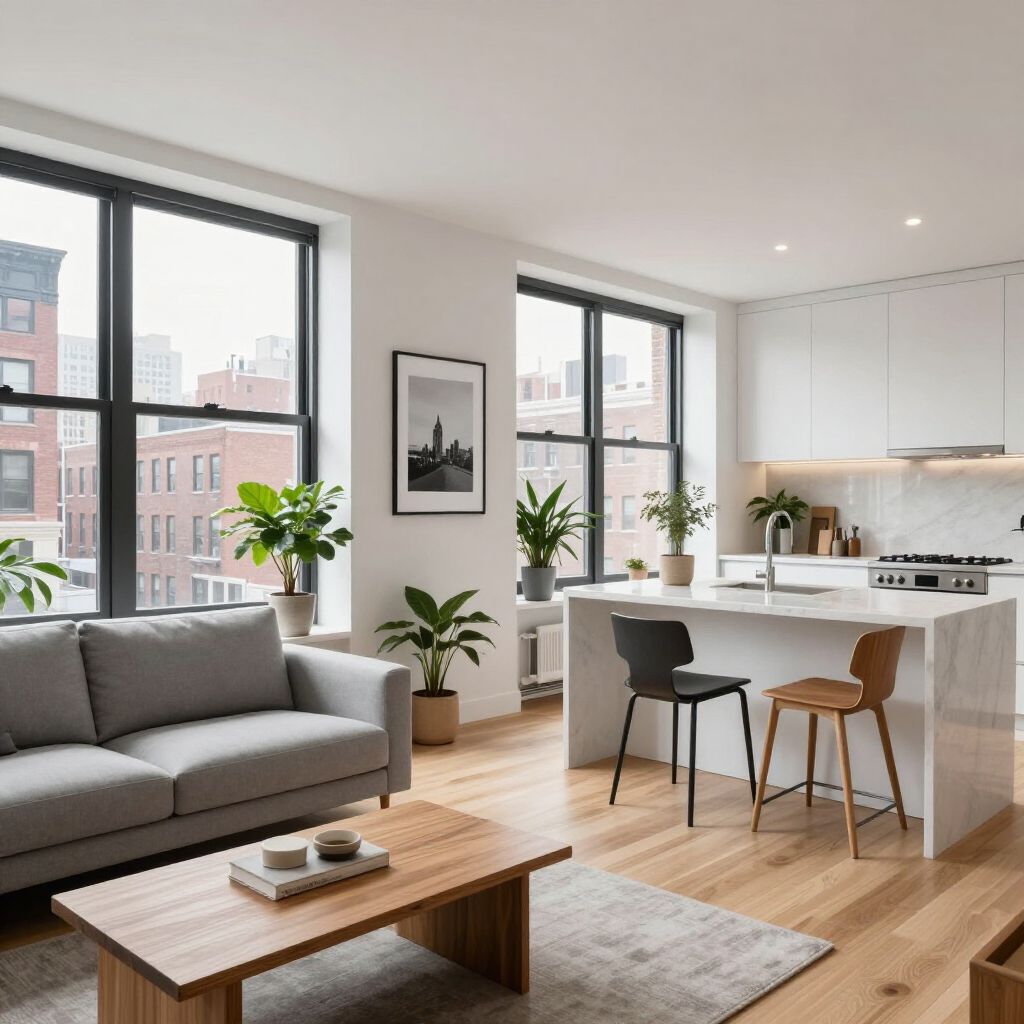 Bright modern apartment living room with gray sofa, wooden coffee table, kitchen island, and large windows.
