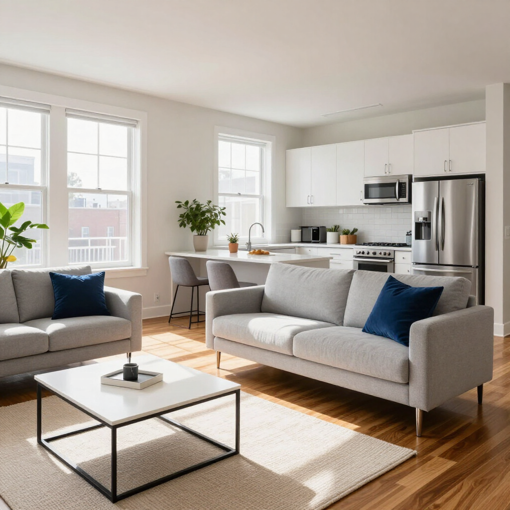 Bright modern living room with two gray sofas, white coffee table, and open kitchen with stainless steel fridge