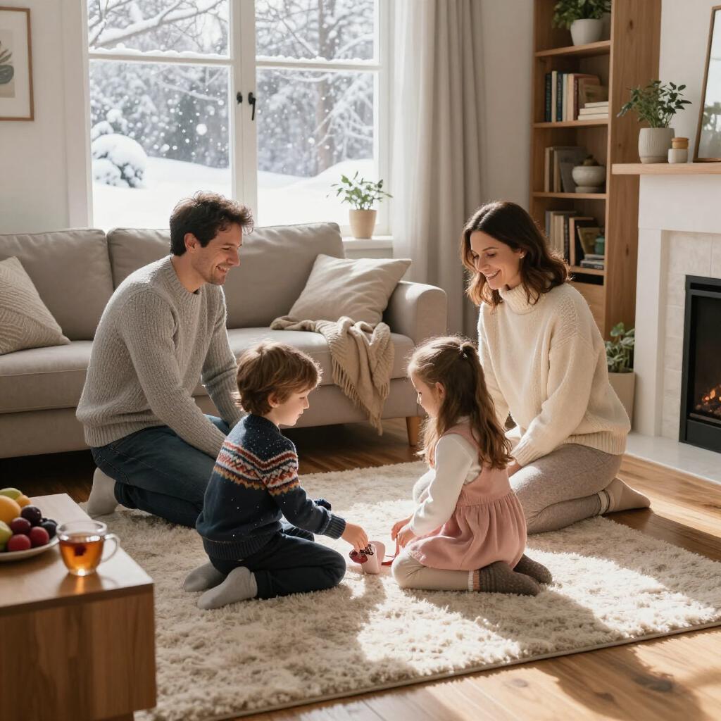 Family seated on a living room rug, playing with toys beside a lit fireplace and snowy window