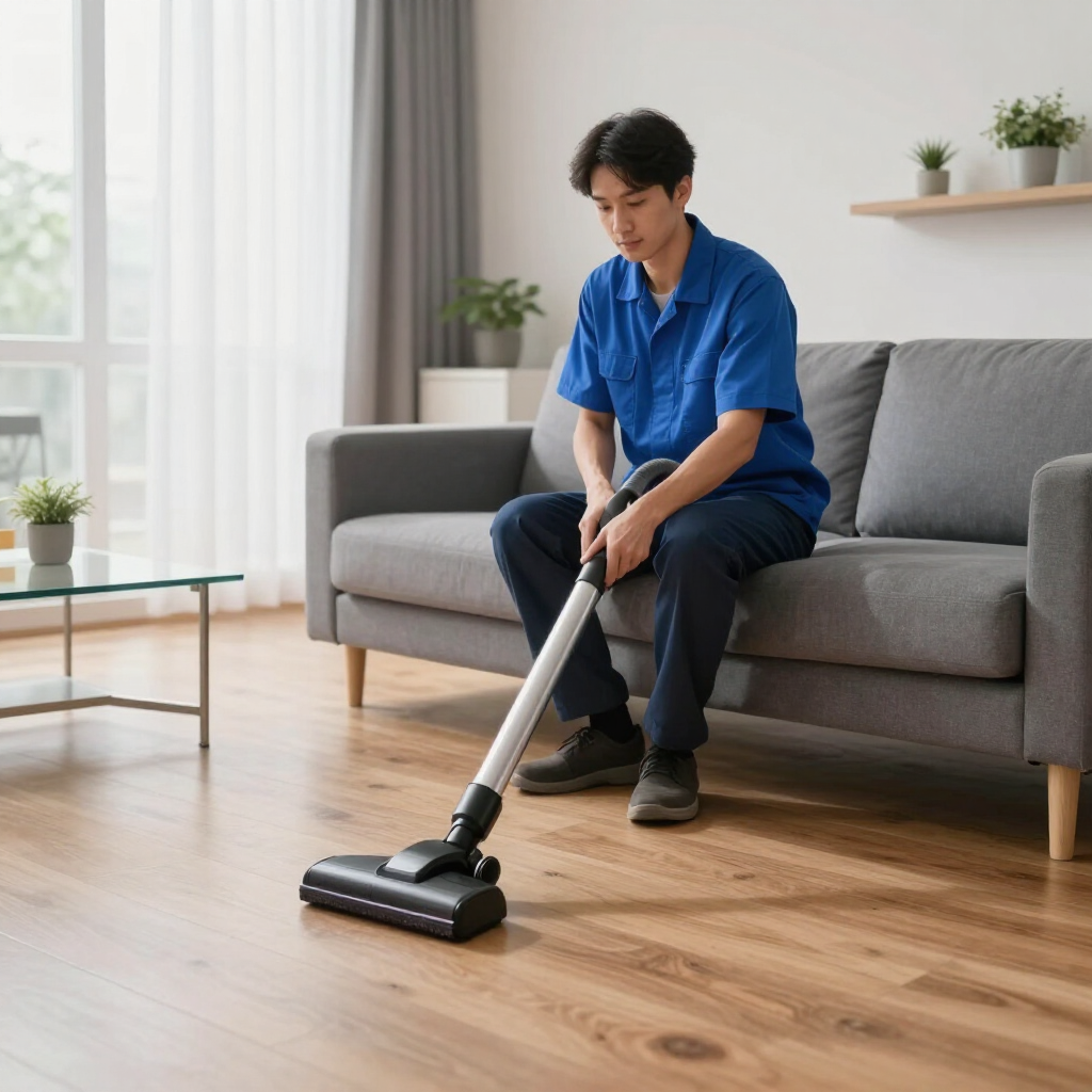 Person vacuuming a hardwood floor beside a gray sofa in a bright living room