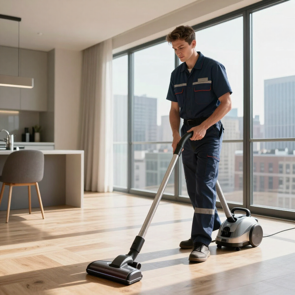 Person vacuuming a sunlit modern apartment with a canister vacuum cleaner