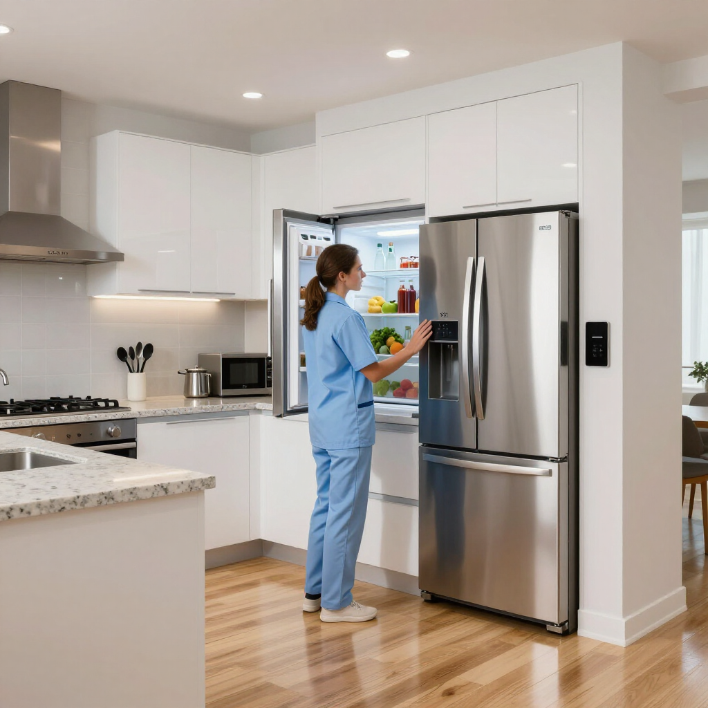 Person standing at an open refrigerator in a bright modern kitchen, reaching for food.