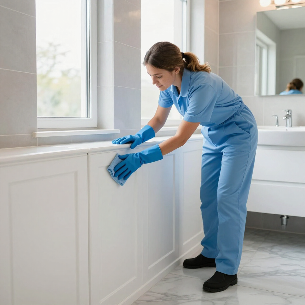 Cleaner wiping a white bathroom cabinet and window sill with blue gloves.