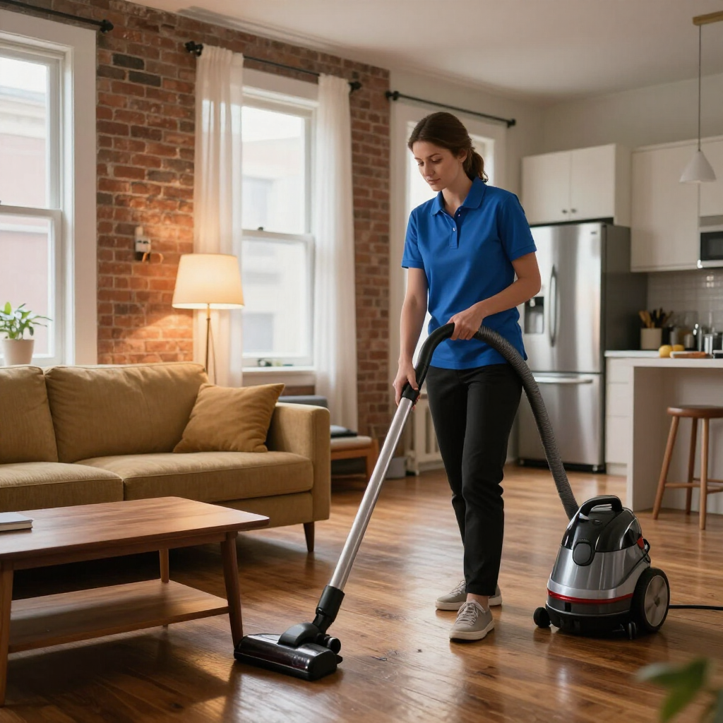 Woman vacuuming a sunlit living room with a canister vacuum and brick wall background