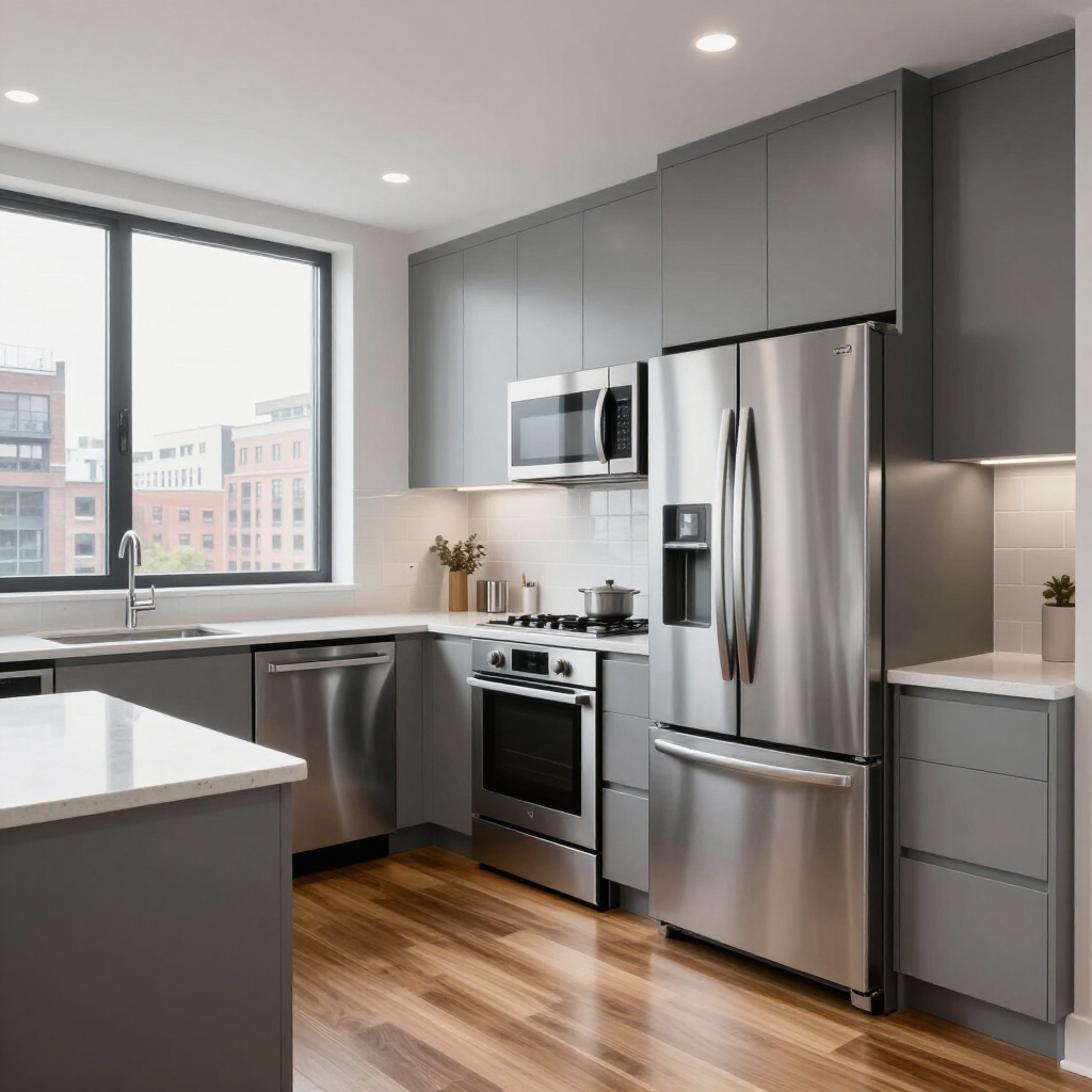 Modern gray kitchen with stainless steel appliances, wood floors, and large window light