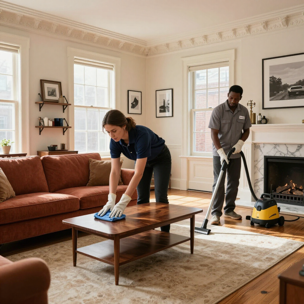 Two cleaners tidying a bright living room, wiping a coffee table and vacuuming the rug.