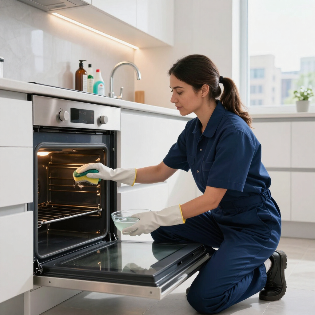 Cleaner wiping the inside of an open oven in a bright kitchen