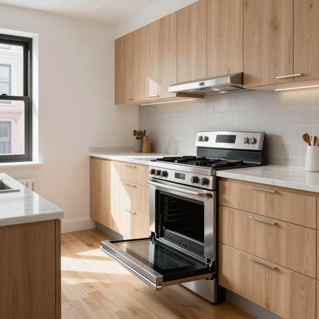 Bright modern kitchen with wood cabinets, white countertops, stainless steel stove, and sunlight from a window