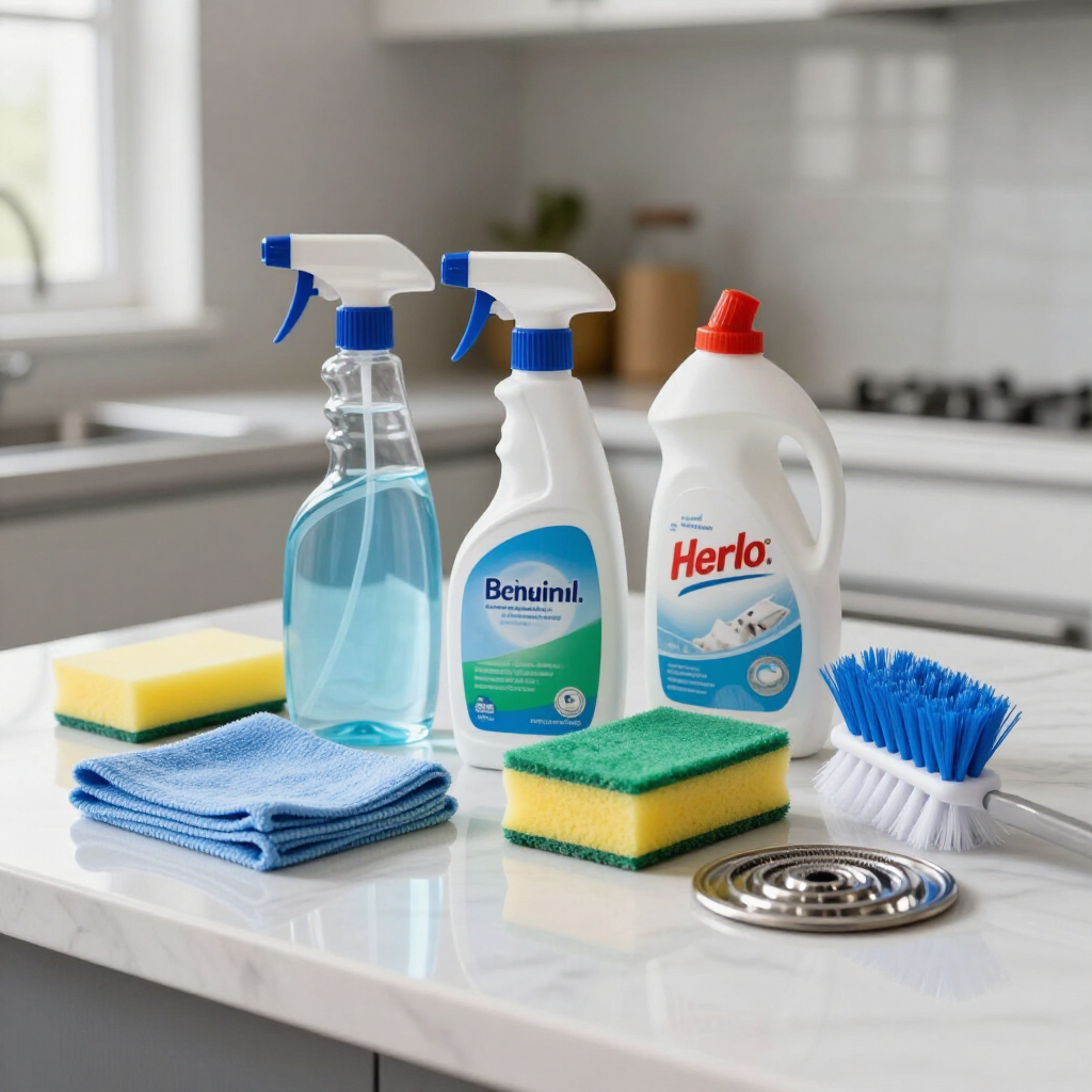 Cleaning supplies on a kitchen counter: sprays, detergent, sponges, cloths, and a scrub brush.