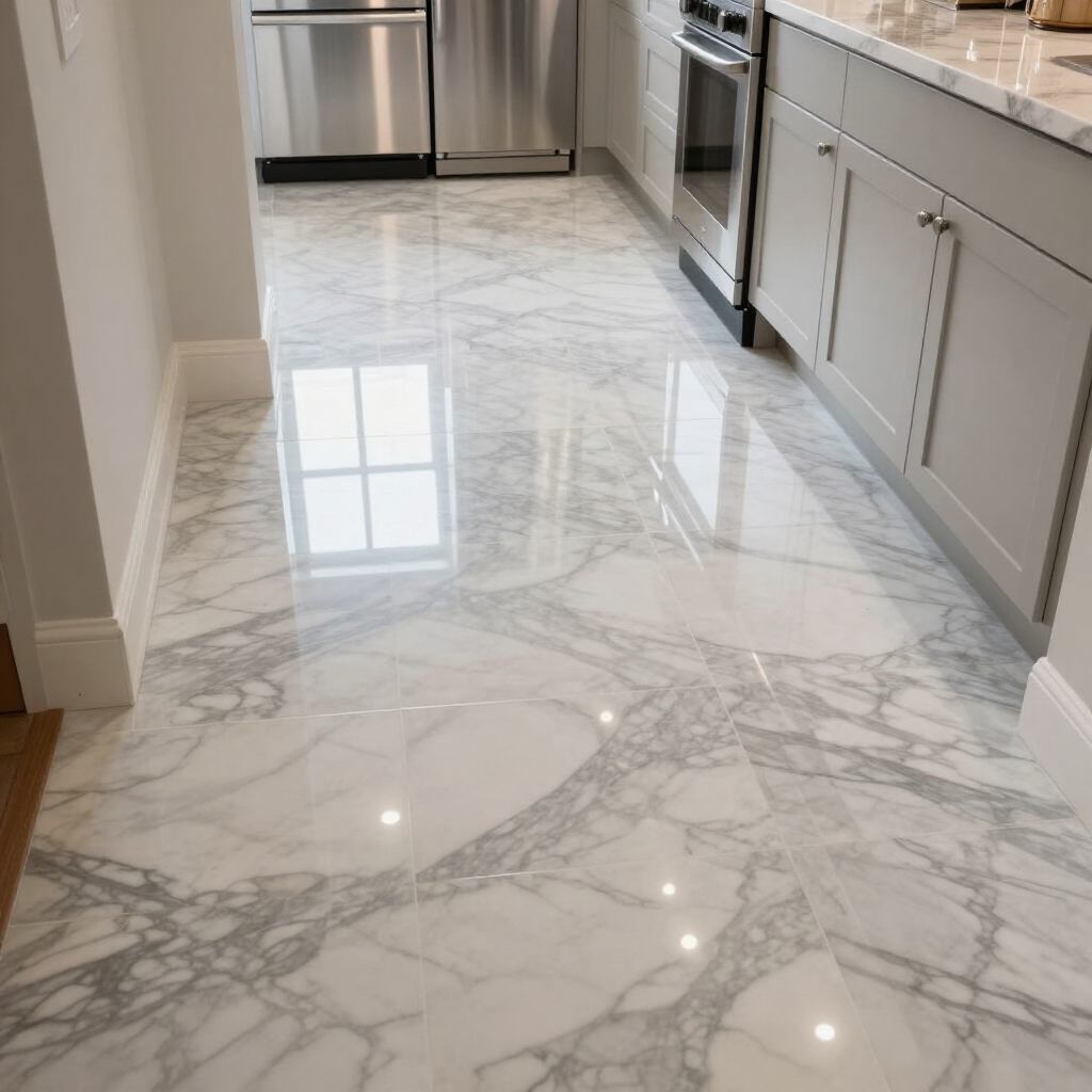 Bright marble kitchen floor with white cabinets and stainless steel appliances reflected on the glossy surface