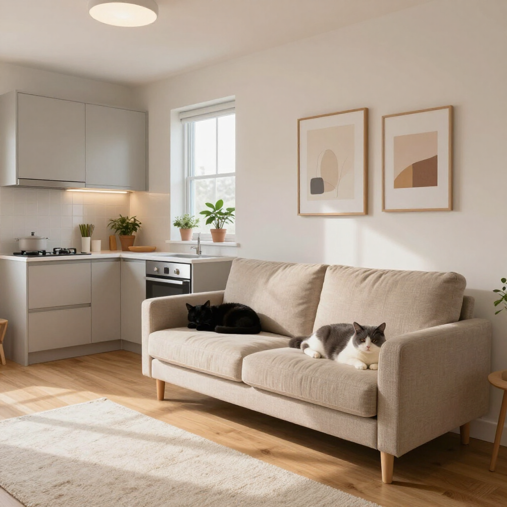 Bright Scandinavian-style living room with beige sofa, two cats, kitchen nook, and framed wall art