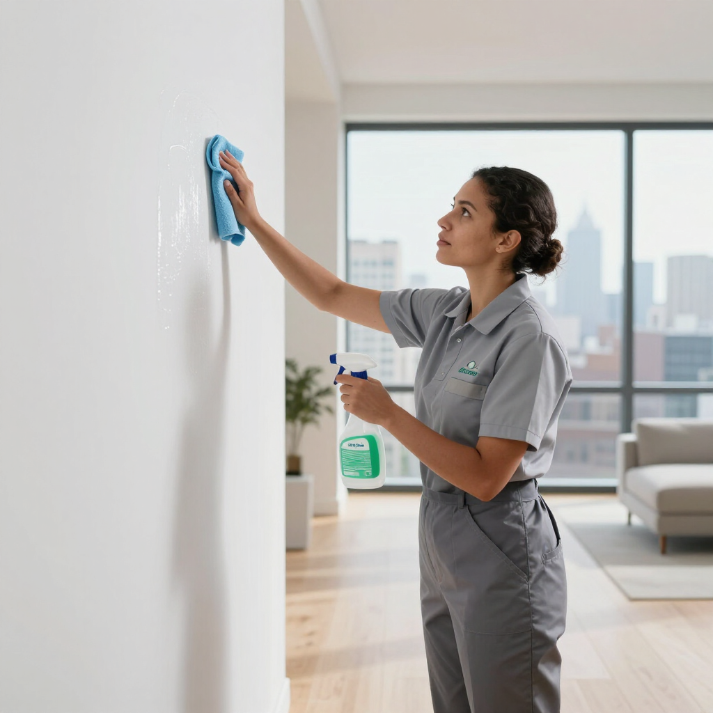 Cleaner wiping a white wall with a blue cloth while holding a spray bottle in a bright room