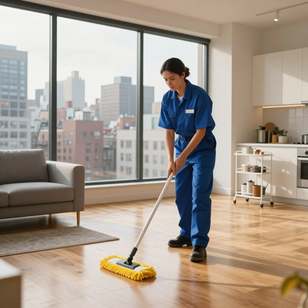 Cleaner mopping a bright modern apartment floor with city windows in the background