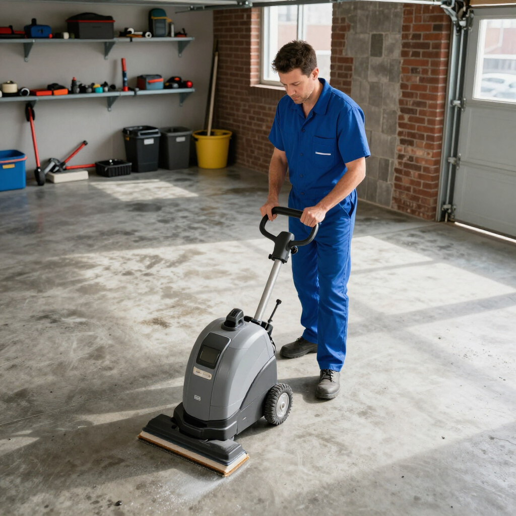 Man using a floor scrubber in a garage with shelves and tools along the wall