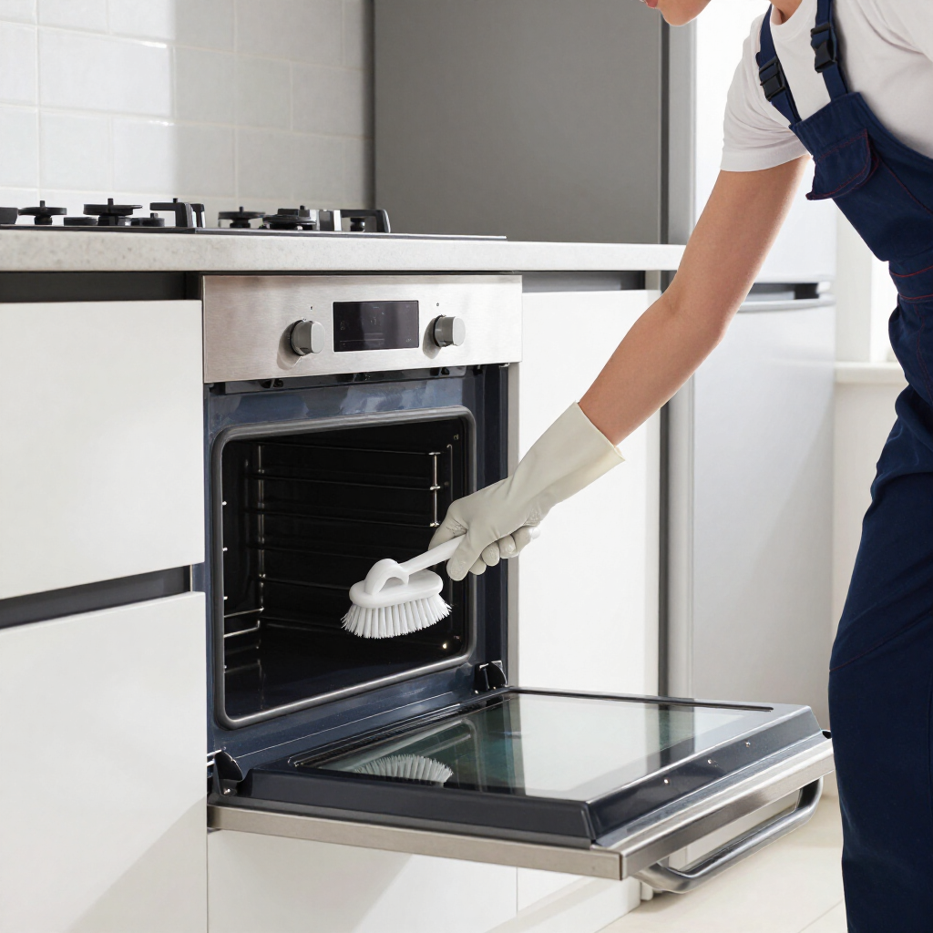 Person cleaning an open oven with a brush in a modern kitchen