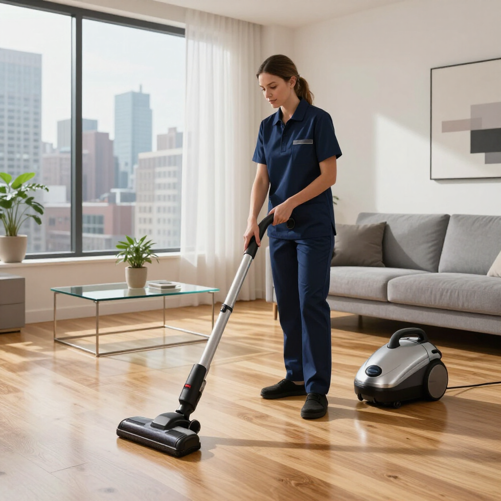 Woman vacuuming a bright apartment with city view, using a cordless vacuum on hardwood floors