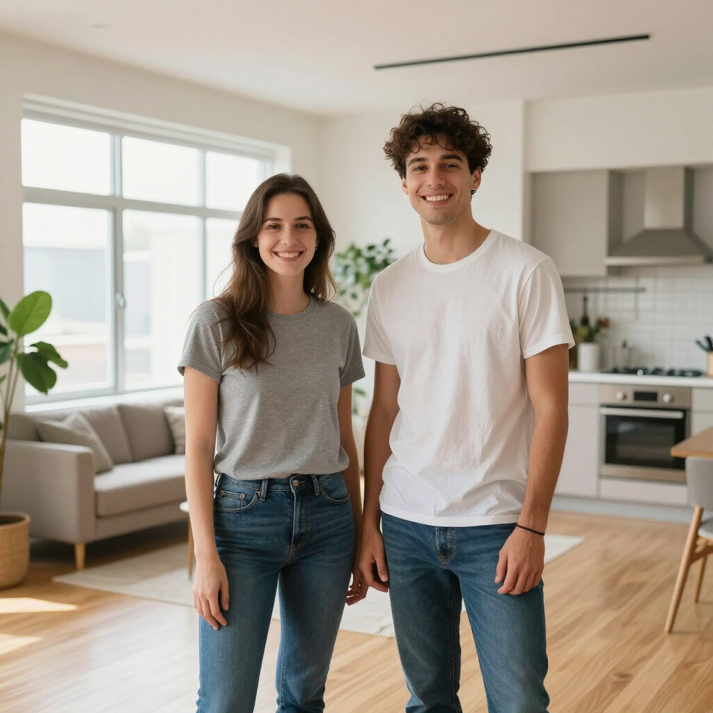 Two people standing in a bright modern living room, smiling at the camera.